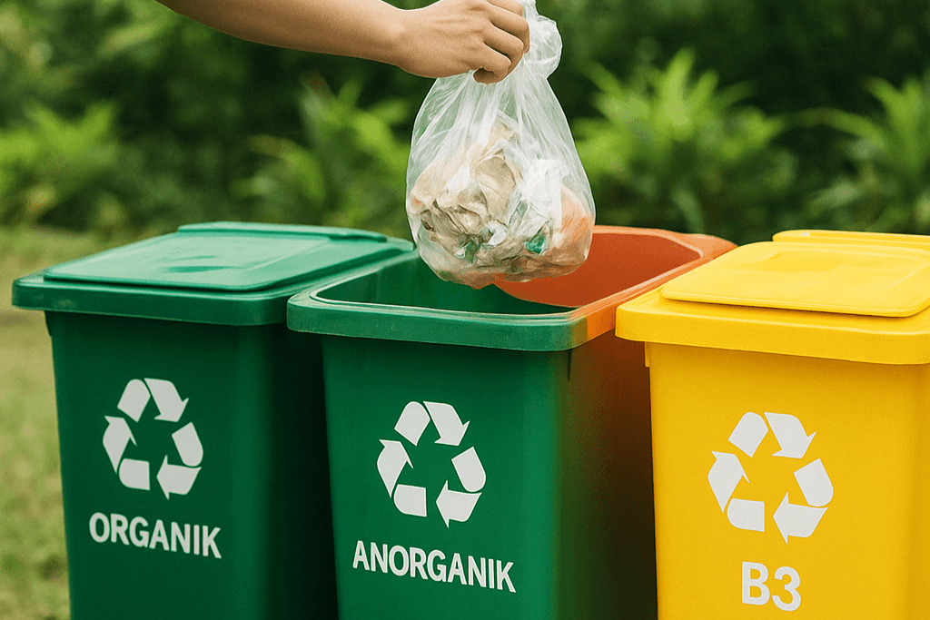 Edukasi pengelolaan limbah - seseorang membuang sampah ke tempat sampah organik dan anorganik dengan benar untuk masa depan Indonesia bersih.